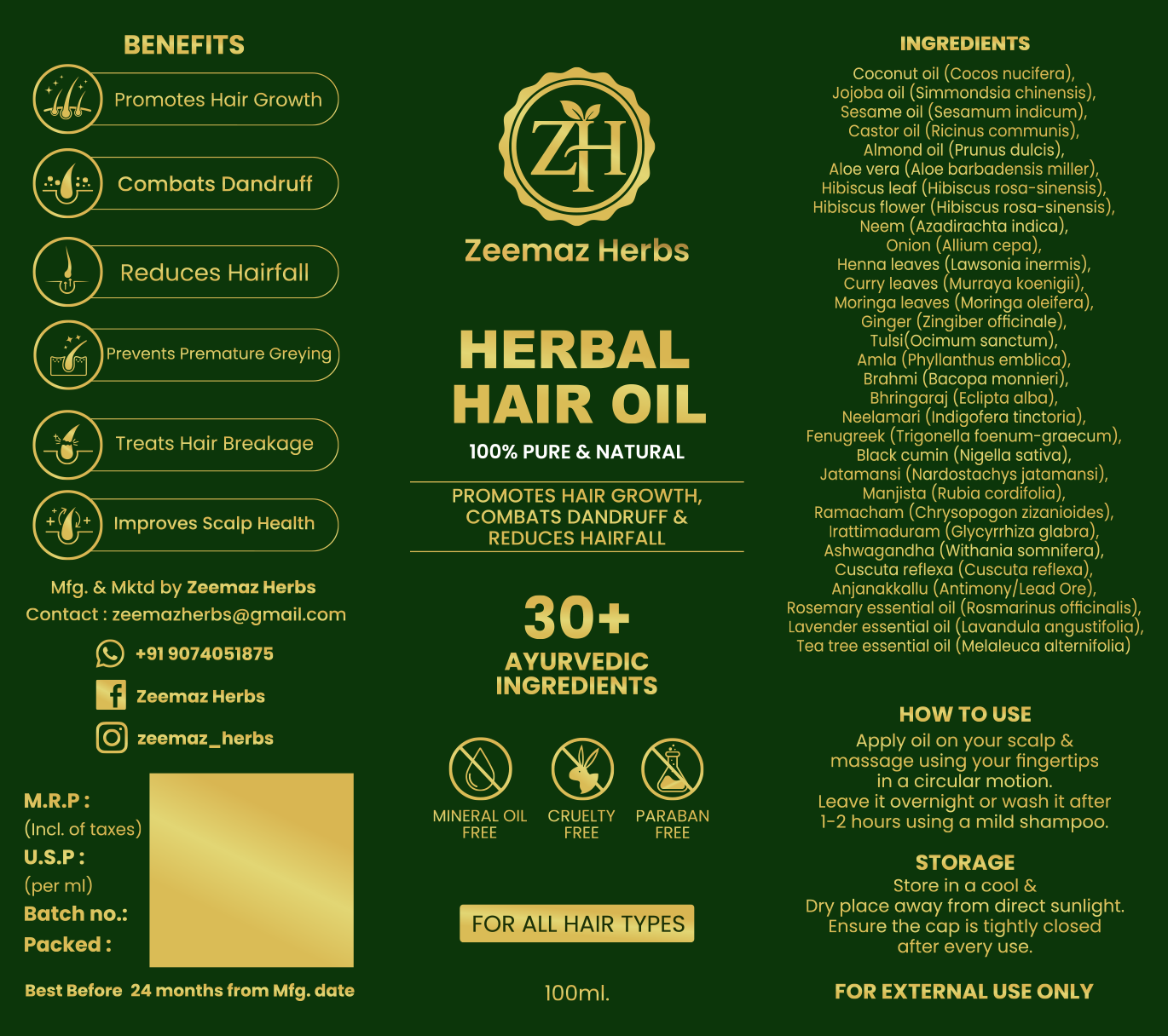 Zeemaz Herbal Hair Oil Label